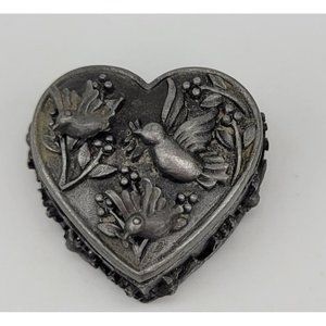 Vintage Torino Pewter Heart Birds 3 In 1 Set Brooch Pin, Earrings, Trinket Box